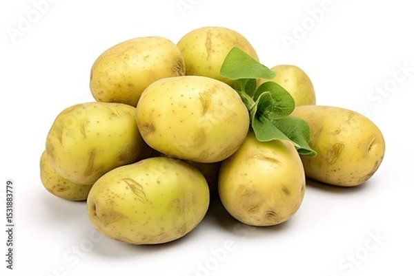 Fototapeta Freshly harvested potatoes with green leaves arranged neatly on a clean white background