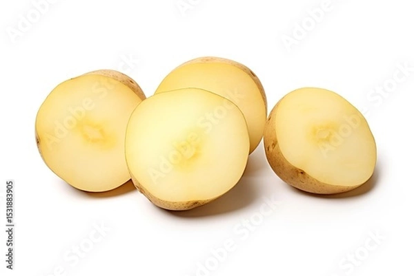 Fototapeta Freshly sliced potatoes showing their internal texture on a clean white background