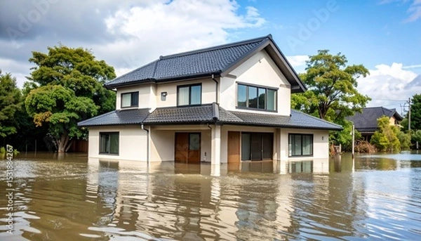 Obraz 災害。洪水で水没した家。（Disaster. Houses submerged in flood waters.）
