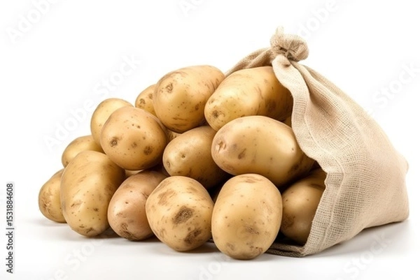 Fototapeta Fresh potatoes pouring from a burlap sack on a clean white background