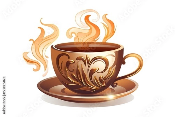 Fototapeta Beautiful golden coffee cup with ornament and steam symbolizing hot drink beverages