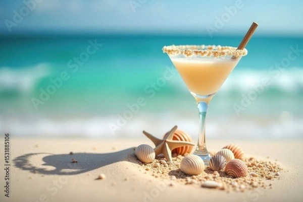 Obraz Refreshing cocktail by the ocean beach setting drink photography tropical environment close-up view summer vibes