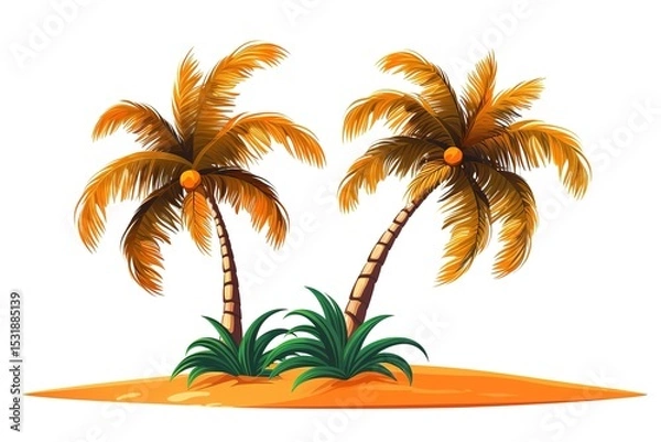 Fototapeta Tropical island illustration featuring two palm trees lush greenery and sandy shoreline