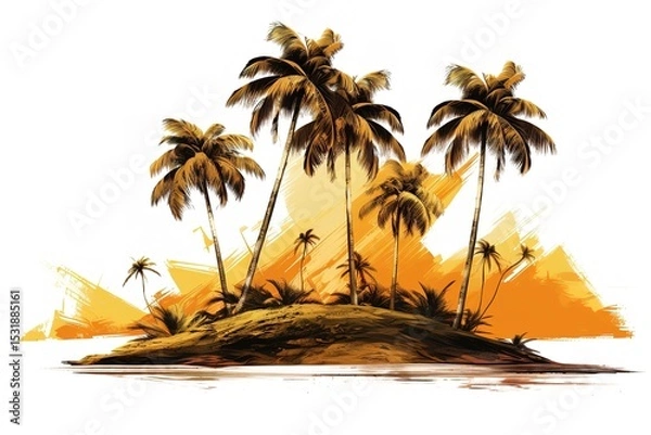 Fototapeta Tropical island with palm trees artistic brush strokes design for vacation and travel concepts