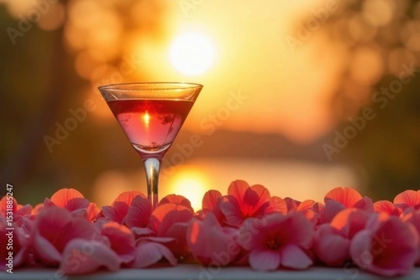 Obraz Sunset cocktail by the water refreshing drink surrounded by rose petals in a serene outdoor setting