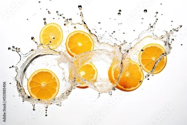 Fototapeta Refreshing orange slices creating a splash of water on a clean white background