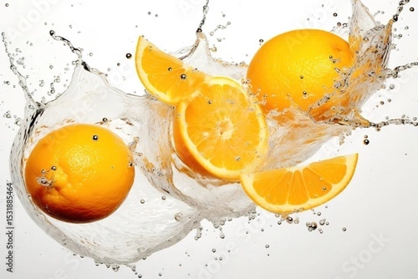 Fototapeta Fresh oranges and orange slices in splashing water on a clean white background
