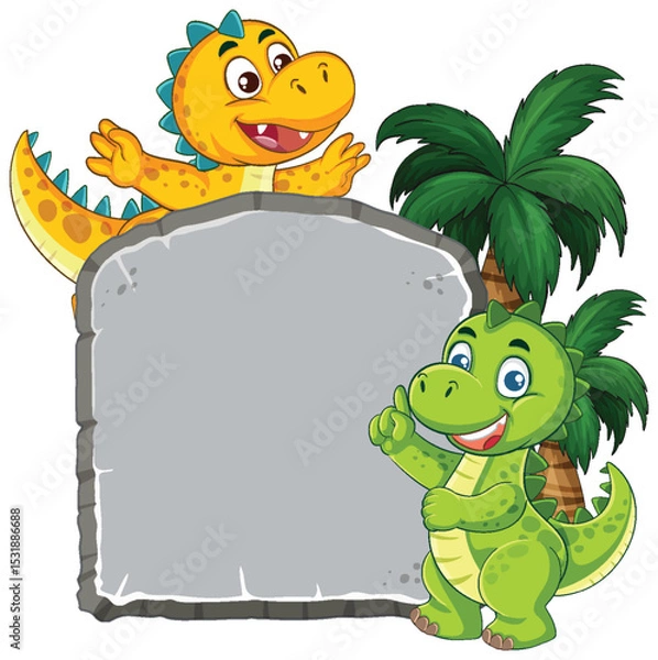 Obraz Playful Dinosaurs with Tropical Background Illustration