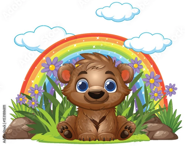 Obraz Cute Bear Cub Under Rainbow