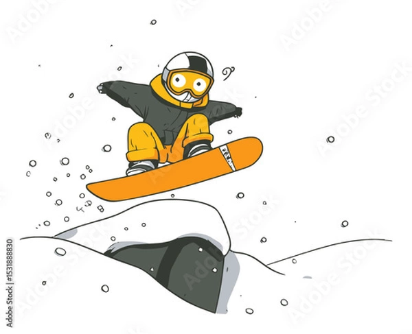 Fototapeta Cartoon Character Snowboarding in Mid-Air with Exciting Energy and Fun