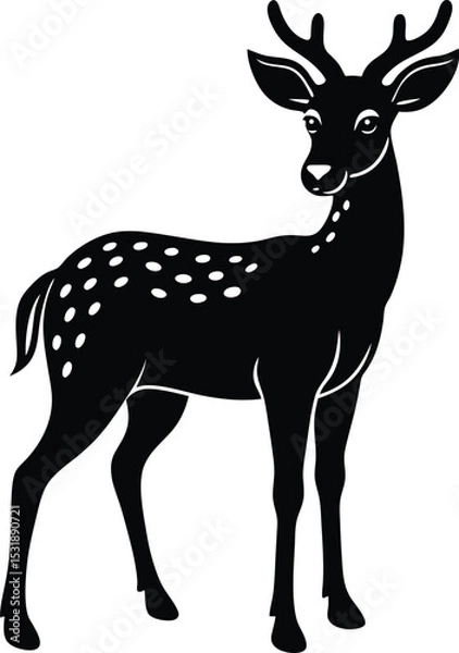 Fototapeta Full body silhouette of a spotted deer with small antlers standing