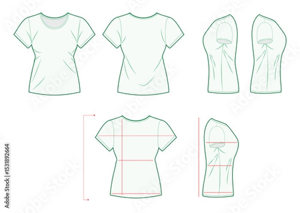 Fototapeta Clothes or T-Shirt Measurement Guide Template – Front, Back, Side Views with Sizing Lines for Online Shopping