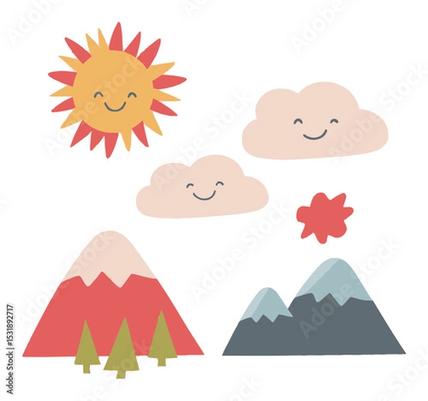 Fototapeta Cheerful Cartoon Elements Featuring Happy Sun and Smiling Mountains