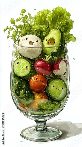 Fototapeta Fresh green salad with vegetables - cucumber, red and white radish, avocado, tomato, lettuce, greens - in a cocktail glass 