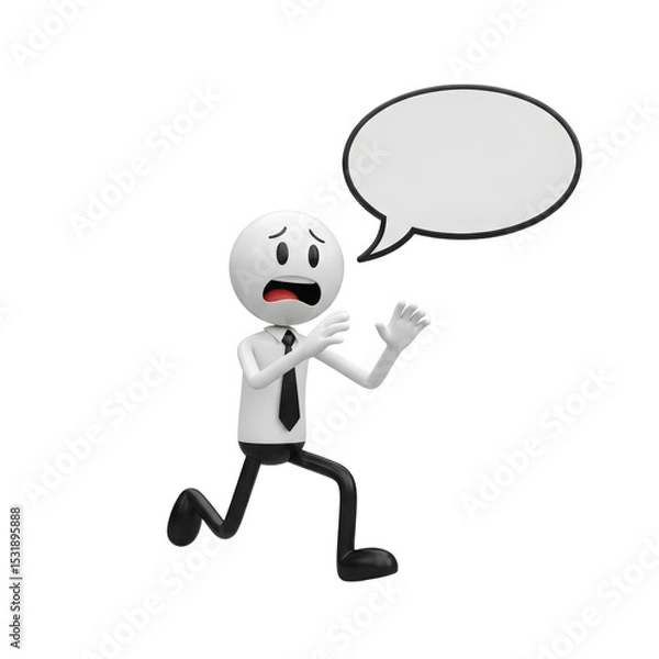 Fototapeta Animated Worried Man Character in Business Attire with Speech Bubble