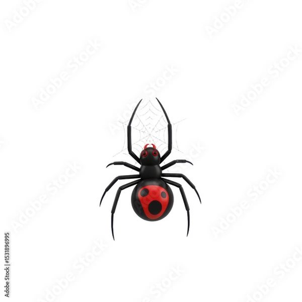 Fototapeta Cartoon Black and Red Spider with Web on White Background