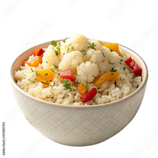 Obraz Keto diet friendly cauliflower rice in a bowl isolated on a transparent background
