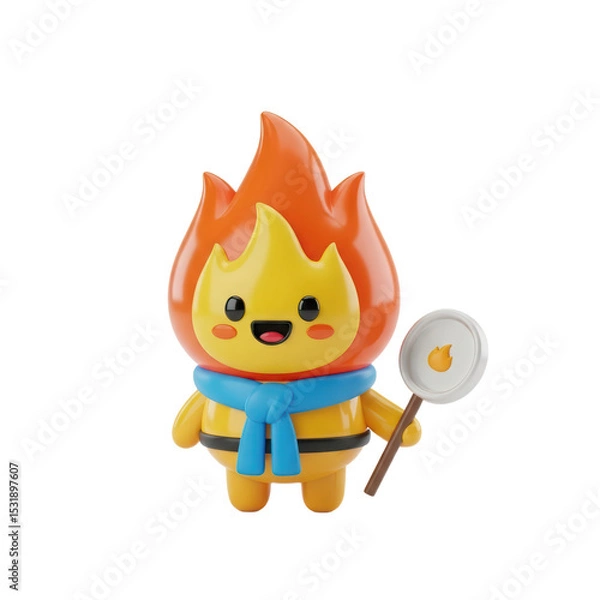 Fototapeta Cute Fire Character Toy with Smiling Face Holding a Fan on White Background