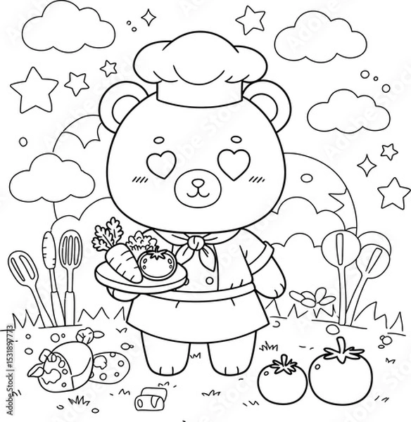 Fototapeta A delightful coloring page featuring an adorable teddy bear chef with loving, heart-shaped eyes. Dressed in a classic hat and apron, he proudly presents a platter of fresh garden vegetables.