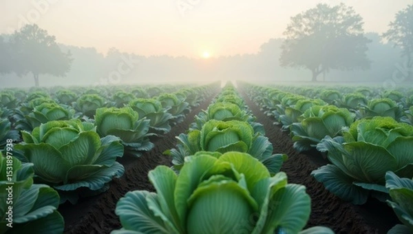 Fototapeta Green cabbage field at sunrise with fog and silhouetted trees