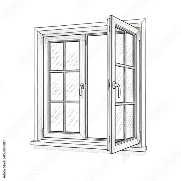 Fototapeta Open Wooden Window with Glass Panes and Handles in Modern Interior