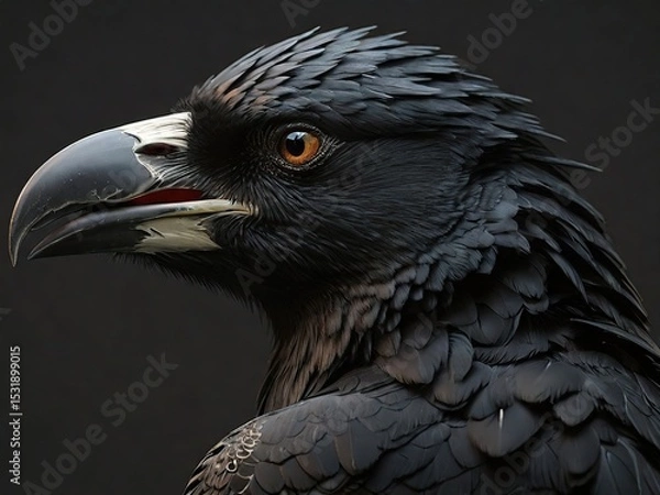 Fototapeta Close-up portrait of black raven with piercing orange eye and detailed feathers against dark background - dramatic wildlife photography