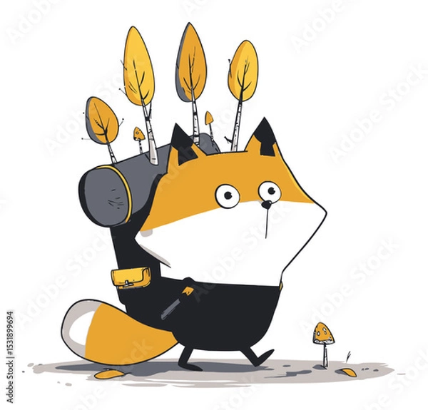 Fototapeta Cute Cartoon Fox Character with Backpack and Decorative Trees and Mushrooms