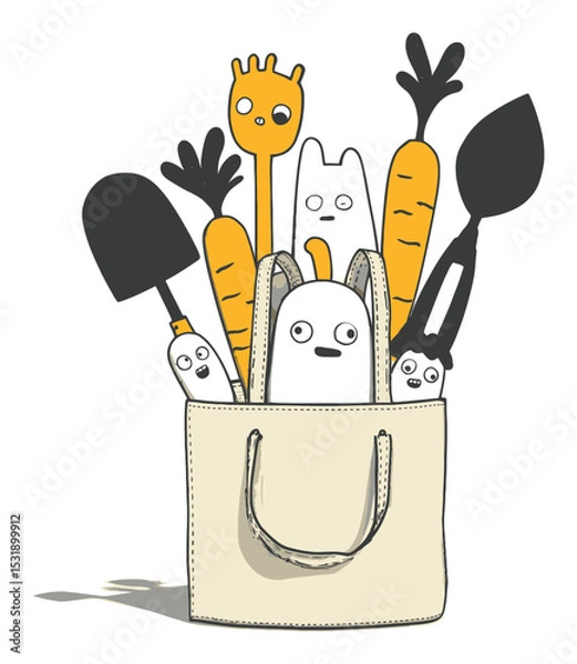 Fototapeta Whimsical Cartoon Characters in a Bag Surrounded by Gardening Tools