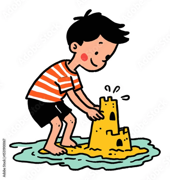 Fototapeta Boy Building Sandcastle in Ocean with Bright Colors and Fun Elements