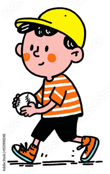 Fototapeta Cheerful Boy with Baseball in Flat Vector Art Style for Children's Illustration