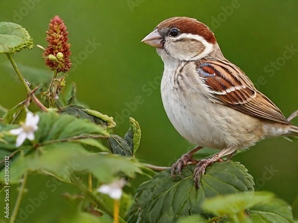 Fototapeta House sparrow perched on green branch with red-brown cap and striped wings in natural habitat - beautiful small songbird wildlife photography