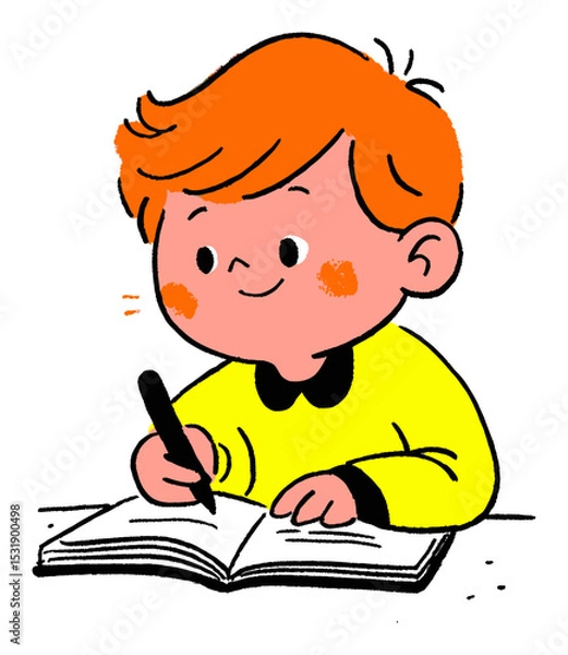 Fototapeta Happy Cartoon Boy Writing in Notebook with Bright Colors and Cheerful Expression