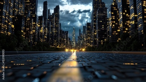 Obraz Surreal futuristic road through a matrix of binary buildings, representing big data travel