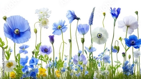 Obraz Set of soft blue summer flowers in watercolor style, including wild poppies and garden blooms