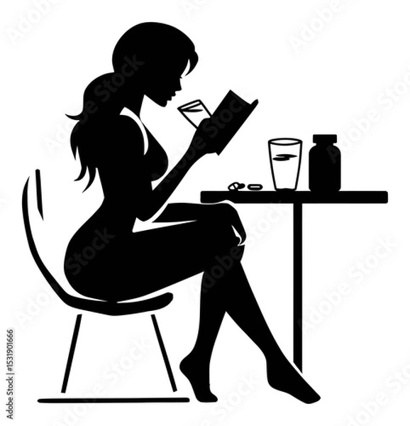 Fototapeta Woman Silhouette Reading a Book While Holding a Glass in a Relaxed Setting