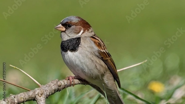 Fototapeta Male house sparrow with distinctive black bib and brown plumage perched on branch against green blurred background - classic songbird portrait