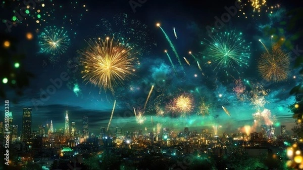 Obraz Golden and emerald fireworks exploding over a city skyline, retro New Year's theme
