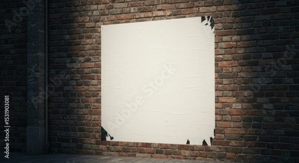 Fototapeta Blank white poster mockup on a textured brick wall in a dark urban alley. Ideal copy space for advertising, design, or message display in a moody, ...