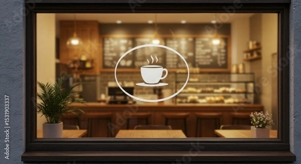 Fototapeta View through a cafe window featuring a coffee cup icon. Inside, a cozy interior with tables, chairs, counter, and pastries creates a warm, inviting...