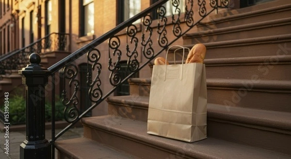 Fototapeta Paper grocery bag with fresh bread loaves left on the brownstone steps of an urban building, symbolizing home delivery and convenience.