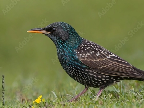 Fototapeta European starling with iridescent plumage and speckled feathers standing on grass - beautiful songbird wildlife photography with detailed colors