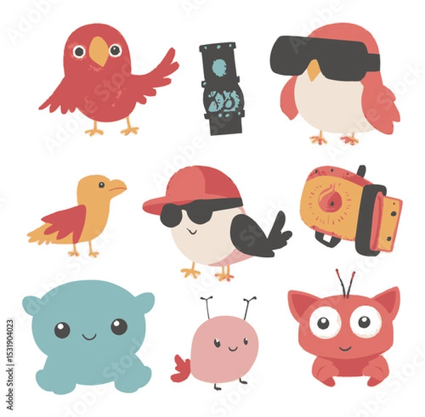 Fototapeta Colorful Cartoon Birds and Cute Characters in Fun Vector Style Design