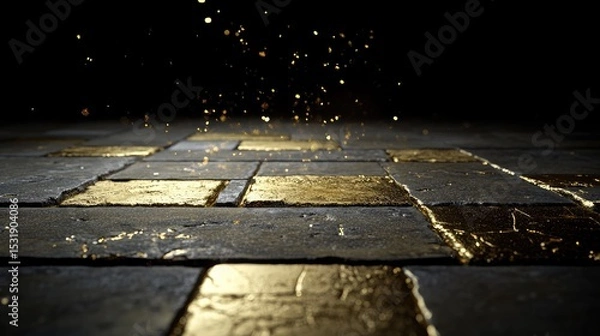 Obraz Elegant golden floor glowing with scattered light particles, deep space black setting