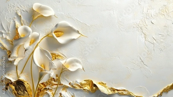 Obraz Decorative floral background with golden calla lilies and textured stucco details