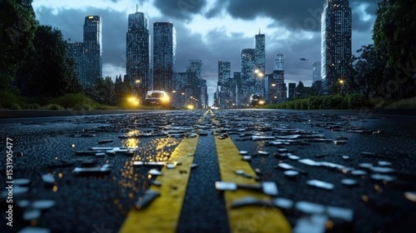 Fototapeta Cyberpunk-style digital road framed by binary skyscrapers, immersive machine learning world