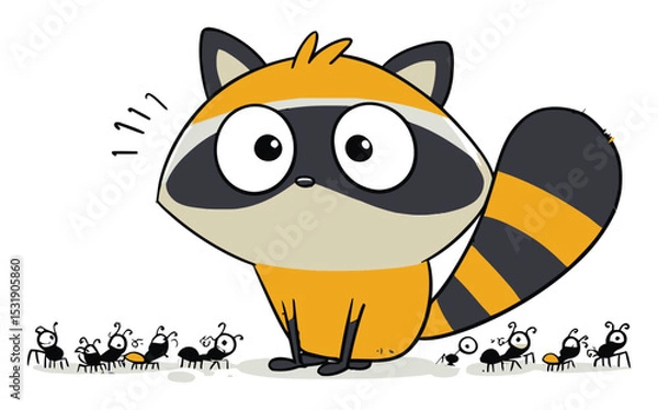 Fototapeta Cute Cartoon Raccoon Surrounded by Curious Ants in Flat Vector Style