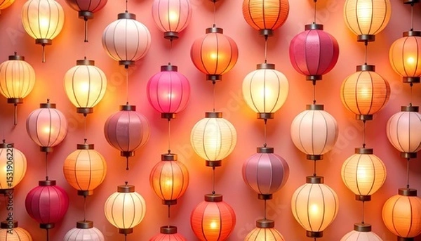 Fototapeta Enchanting array of glowing lanterns in warm hues seamless pattern