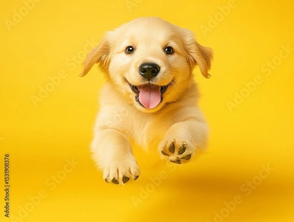 Obraz A golden retriever puppy bouncing with excitement, tongue out, isolated on a bright yellow background