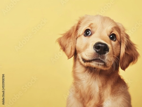 Fototapeta A golden retriever puppy with a puzzled expression, isolated on a muted yellow background