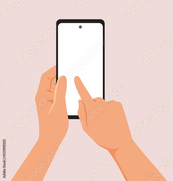 Fototapeta Hands Holding a Smartphone Vector Illustration Design. Person using a smart device with a blank display